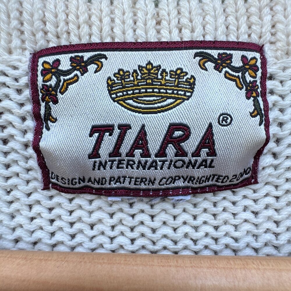VTG Tiara International Xmas Cardigan Sweater Cream Print Embroidered Xmas Trees - Picture 4 of 9